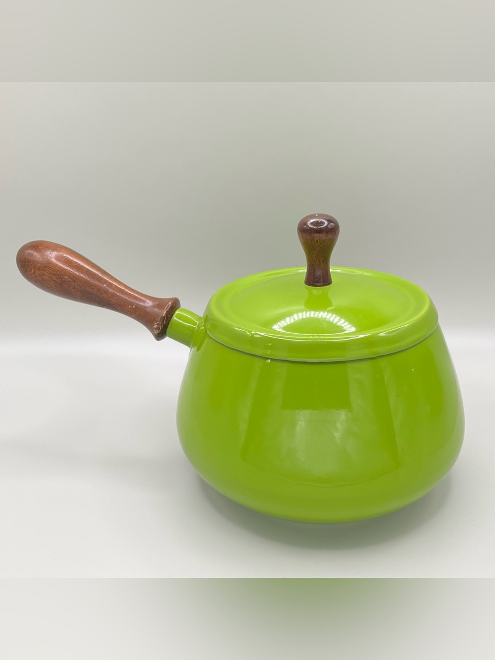 Vintage Enamel Mid Century Avocado Green Wood Handle Sauce Pan MCM Retro 70s